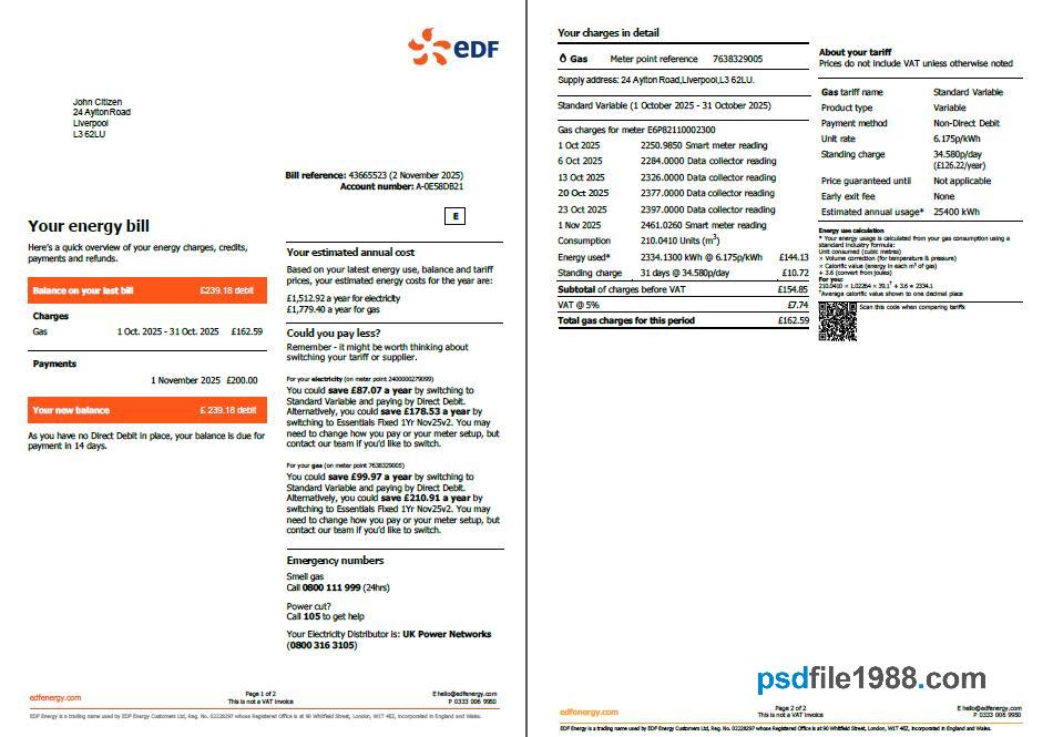 France EDF Utility Bill 2 Pages